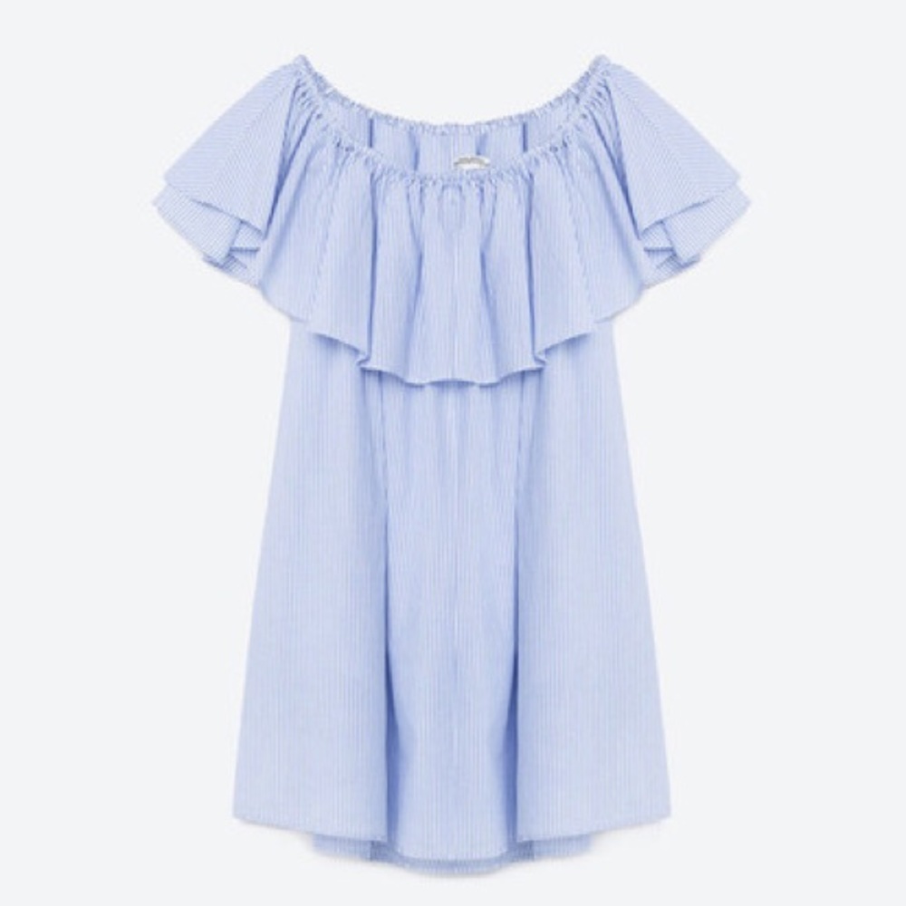 Zara Striped Off-The-Shoulder Blue and White Dress